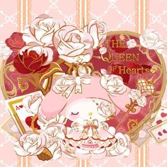 the queen of hearts is surrounded by roses and other things in her heart shaped frame