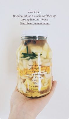 a hand holding a jar filled with pickles and cheeses on top of it