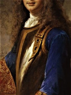 an oil painting of a man with long hair wearing a blue and gold dress coat