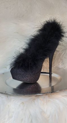 Check out this item in my Etsy shop https://www.etsy.com/listing/1440070818/unique-black-glitter-w-feather-boa Beautiful High Heels Stilettos, Diy Floral Shoes, Promotion Decoration, Dry Floral Foam, Diva Party, Glitter High Heels, Beautiful High Heels, Floral Shoes, Floral Foam