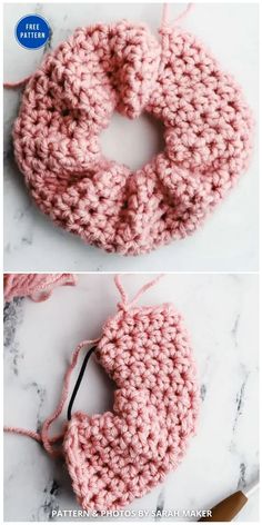 crocheted donut ornament is shown in two different photos, one pink and the other white