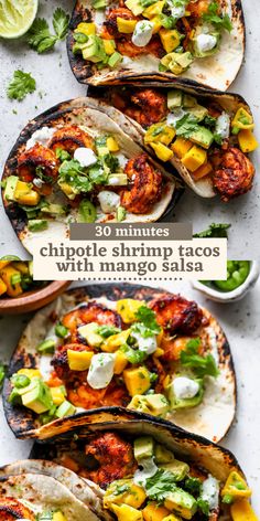 three tacos with shrimp, avocado and cilantro sauce on top