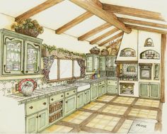 a drawing of a kitchen with green cabinets