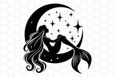 a mermaid sitting on the moon with stars in her hair, black and white illustration