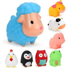 various toy animals are shown in different colors and sizes, including sheep, penguin, dog, pig