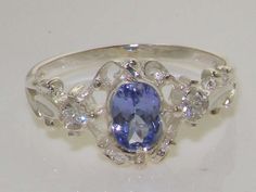 Solid 925 Sterling Silver Luxury Natural Tanzanite & Diamond Delicate Unique Victorian Promise Ring Silver Diamond Birthstone Ring, Tanzanite Wedding Ring, Alt Wedding Ring, Pretty Rings Unique, Quince Rings, Engage Ring, Antique Engagement Rings Victorian, Victorian Wedding Ring, Victorian Style Rings