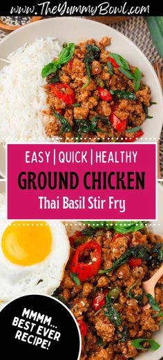 an egg and meat dish on a plate with rice in the foreground text reads easy quick healthy ground chicken that basil stir fry