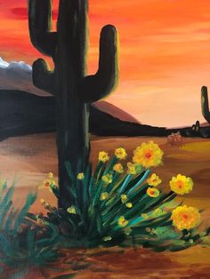 a painting of a cactus and flowers in the desert