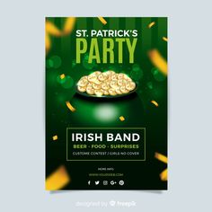 a st patrick's day party flyer with gold coins in a pot and confetti