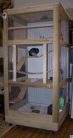 a bird cage is sitting on top of a wooden shelf next to a bookcase