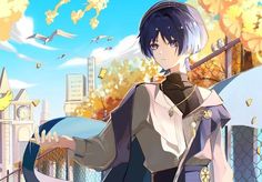 an anime character standing in front of a fence with birds flying above her and buildings behind her