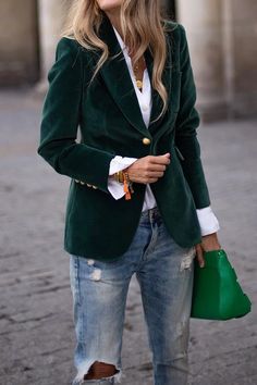 Green Blazer Outfits For Women Winter, Teal Blazer Outfits For Women, Emerald Green Blazer Outfits For Women, How To Style A Velvet Blazer, Jewel Tone Winter Outfits, Navy Velvet Blazer Outfit Women, Jeans With Jacket Outfit, Velour Blazer Outfit, Winter Jeans Outfit Women