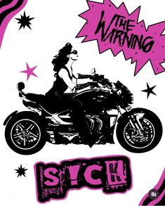 a woman riding on the back of a motorcycle in pink and black with stars around her