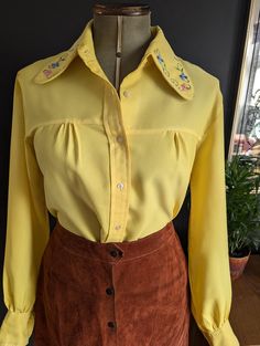 Vintage yellow blouse with embroidery flowers on the collars Good condition Size UK 8/10 Chest up to 38 inches Length 25 inches Cheaper on my site Venus in Leo Venus In Leo, Embroidered Collars, Yellow Blouse, Vintage Yellow, Vintage 60s, Embroidery Flowers, Womens Clothing Tops, Blouses For Women, Art Collection