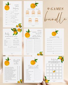 an orange themed baby shower game is shown with matching games for the bride and groom