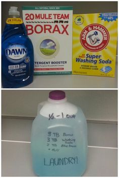 two bottles of laundry detergent, one blue bottle and the other white with writing on it