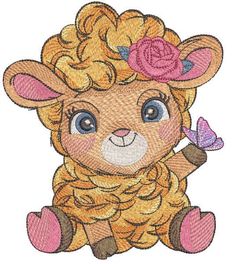 a cute little lamb with a flower on its head and a butterfly in its hand