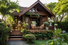 a small wooden house surrounded by trees and plants