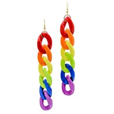 Rainbow chunky chains make fun and swingy earrings! These earrings are made from acrylic links: red, orange, yellow, green, blue, and violet. They are fun and trendy, light, and easy to wear. The earrings are long, slightly over 4 inches, and hang from silver-colored ear wires. These stunning earrings are sure to garne