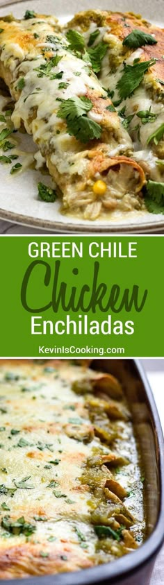 green chile chicken enchiladas in a casserole dish on a plate