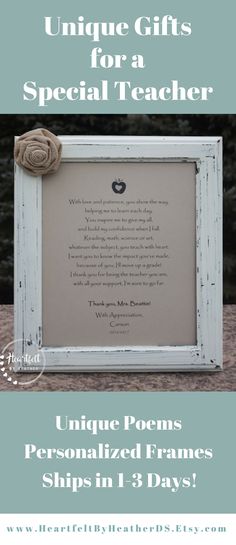 a white frame with the words unique gifts for a special teacher and an image of a flower