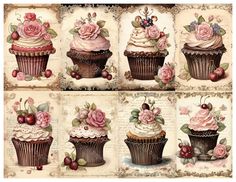 four pictures of cupcakes with roses and cherries on them