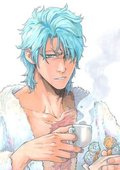 a man with blue hair holding a cup