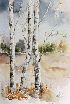 watercolor painting of three birch trees in the fall