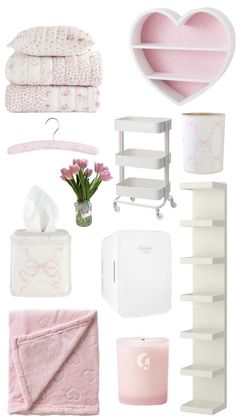 a collage of pink and white items including towels, blankets, tissue dispenser