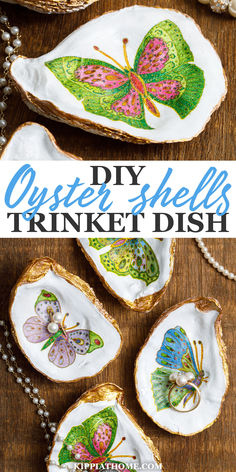 oyster shells with decoupage butterflies and gold painted edges Oyster Shell Decoupage Diy, Oyster Shell Crafts Diy Ideas, Painted Oyster Shells Ideas, Decoupage Oyster Shells, Oyster Shells Diy, Painted Seashells, Diy Nature, Shell Trinket Dish, Oyster Shell Crafts