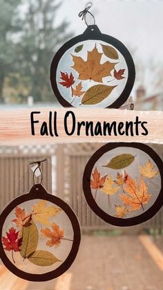 three fall ornaments hanging from a window with leaves on them and the words, fall ornaments