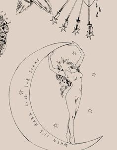 a drawing of a woman standing on the moon with stars and an arrow above her head