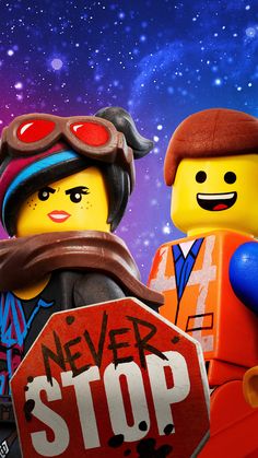 the lego movie characters are holding a stop sign in front of a background with stars