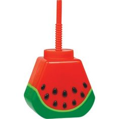 a red and green watermelon shaped object with black dots on the bottom, sitting in front of a white background