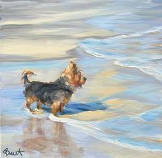 a painting of a dog on the beach