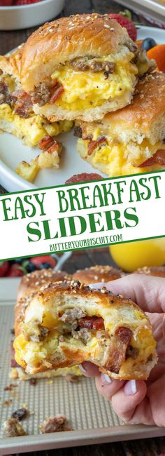 Breakfast sliders on a platter and one being held. Easy Breakfast Sliders Hawaiian Rolls, Breakfast Kings Hawaiian Rolls, Breakfast Hawian Roll Sandwiches, King Hawaiian Breakfast Sliders, Epic Breakfast Ideas, Quick Breakfast Sandwich Ideas, Sausage Brunch Recipes, Comfort Food Breakfast, Breakfast Hawaiian Rolls Sliders