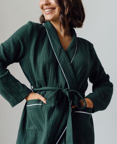 This gorgeous organic cotton robe is extremely light and soft. Double muslin gauze fabric is an ideal choice for loungewear. It feels like a cloud. The fabric structure is see-through (we use it in two layers).  It's a good buy for yourself or as a present for your wife/mom/sister/friend. It also looks great when chosen for any celebration, for example, a bachelorette party. We gladly provide discounts for multiple items orders (weddings etc.) Some items are available in stock and some of them w Wedding Robes Bridesmaids, Cotton Dressing Gown, Bridesmaid Dressing Gowns, Dressing Gowns, Bridal Robe, Wedding Robe, Double Gaze, Fabric Structure, Mom And Sister