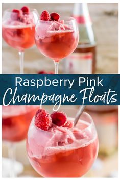 raspberry pink champagne floats are served in wine glasses