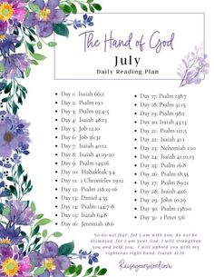 the hand of god daily reading plan with purple flowers and green leaves on white background