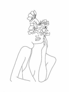 a line drawing of a woman with flowers in her hair