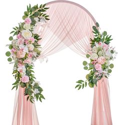 an arch decorated with pink flowers and greenery for a wedding ceremony on white background