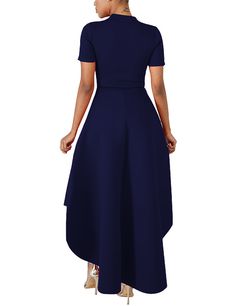 Navy Blue Ruffles Hem Short Front Evening Dress Spring Blue High-low Hem Maxi Dress, Blue High-low Hem Dress For Spring, Blue Spring Dress With High-low Hem, Spring Blue Dress With High-low Hem, Blue Solid Color Evening Midi Dress, Blue High-low Hem Midi Dress For Spring, Blue Midi Dress With High-low Hem For Spring, Fitted Blue Maxi Dress With Ruffle Hem, Blue Ruffle Hem Midi Dress For Evening