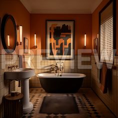 a bath room with a tub a sink and some pictures on the wall above it