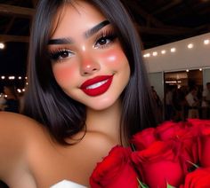 a woman with long black hair and red lipstick is holding a bouquet of roses in front of her face