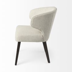 an upholstered chair with black legs and a light colored fabric seat, on a white background