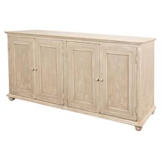 a white cabinet with four doors and two drawers on one side, against a white background