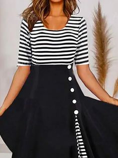 Plus Size Striped Half Sleeve Casual Dress Fitted Striped Dresses With Buttons, Striped Fitted Dress With Buttons, Knee-length Striped Dress With Buttons, Striped Mini-length Dresses With Buttons, Striped Mini Dresses With Buttons, Striped Mini Dress With Buttons, Unique Designers, Midi Dresses, Half Sleeve