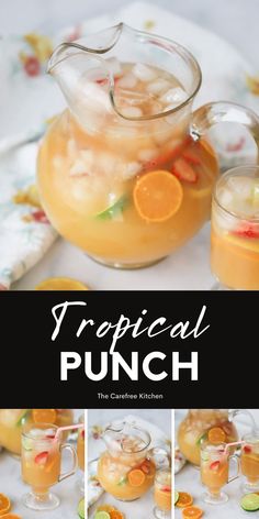 tropical punch recipe with oranges and cucumbers in pitcher, glasses on plate