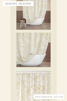 three different views of a bathtub and shower curtain