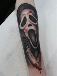 The Scream tattoo ghostface Scream Horror Tattoo, Ghost Face Arm Tattoo, Ghostface Sleeve Tattoo, Ghostface Arm Tattoo, The Scream Tattoo, Ghostface Tattoo Stencil, Scream Face Tattoo, Tattoos Ghostface, Scream Tattoo Ideas